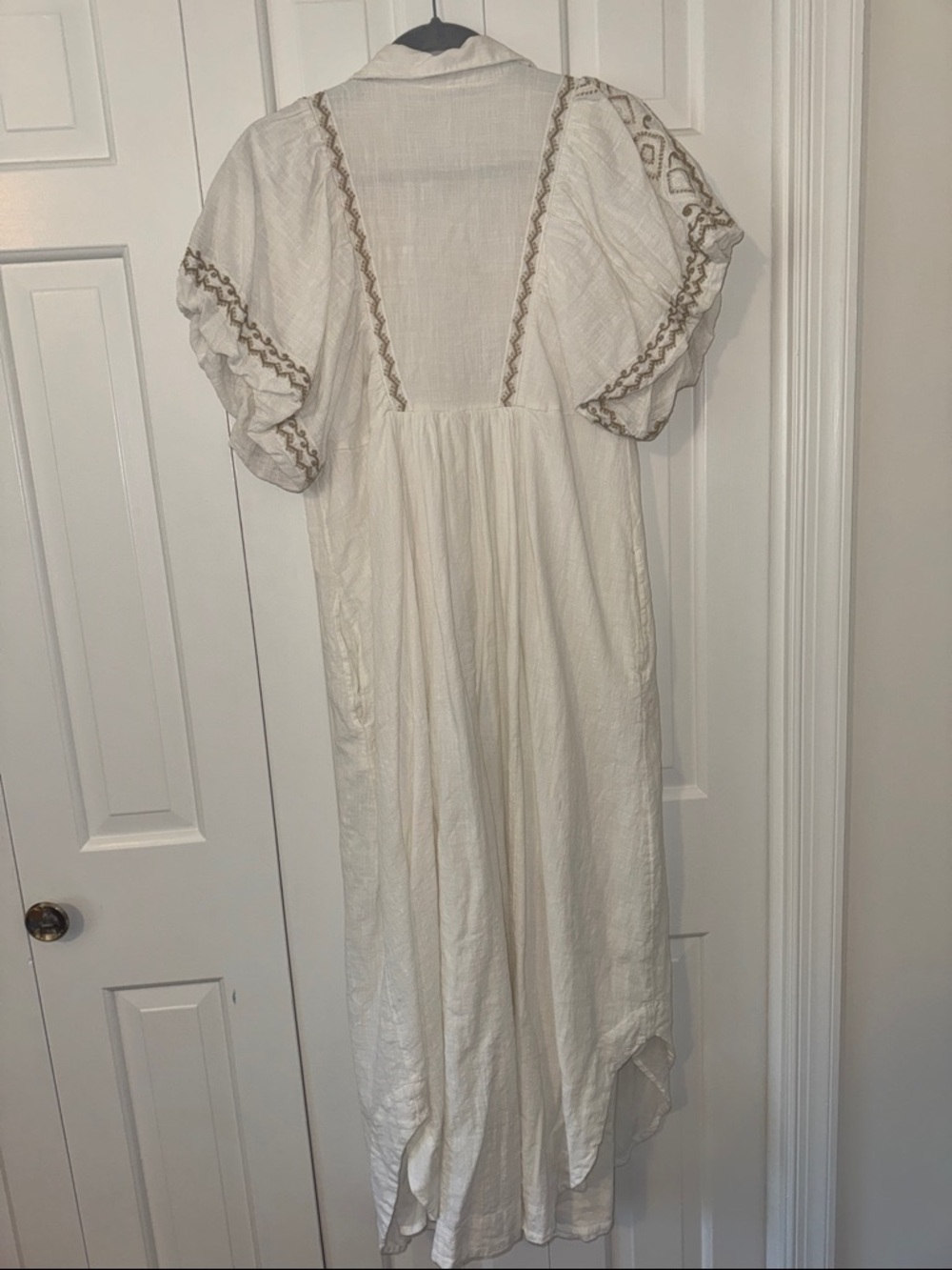 Free People ~ Ivory Button-Front Maxi Dress with Embroidered Puff Sleeves - Picture 2 of 5